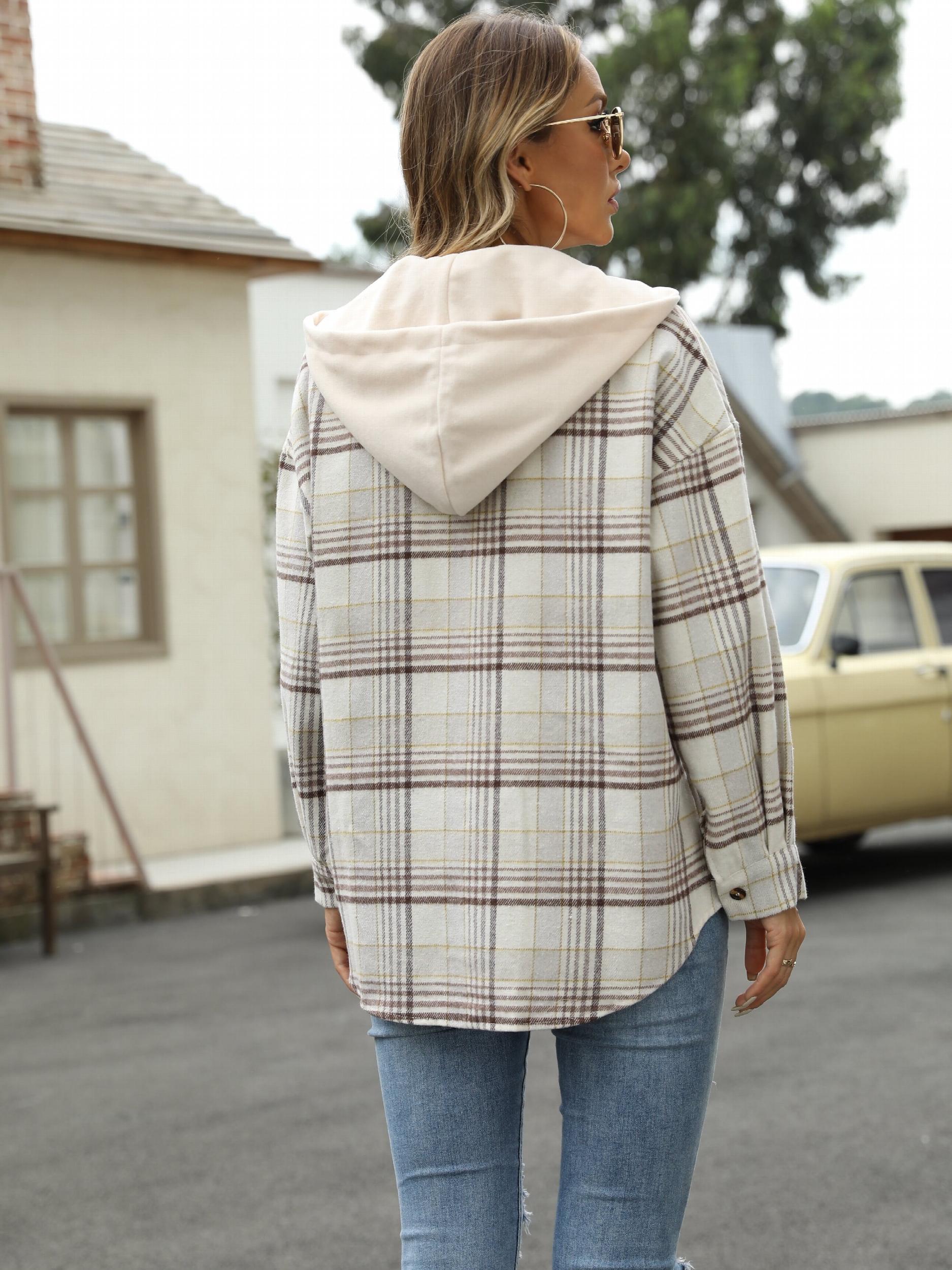 Plaid Hooded Jacket Casual Outwear For Fall & Winter Women's Clothing