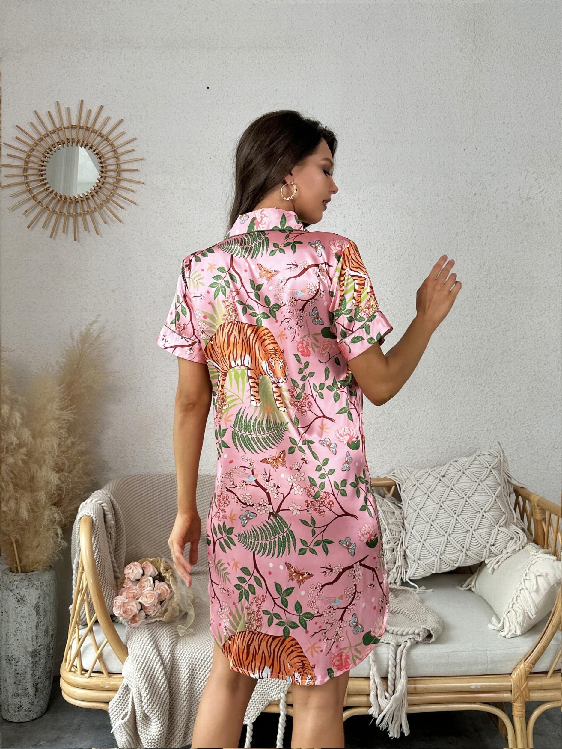 Floral Print Lapel NightDress Short Sleeve Pajama Dress Women's Sleepwear