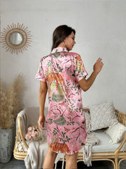 Floral Print Lapel NightDress Short Sleeve Pajama Dress Women's Sleepwear