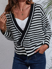 Striped V Neck Long Sleeve Knit Cardigan
