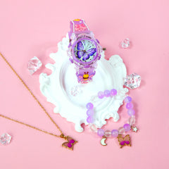 3pcs Quartz Watch Set Sweet Style with LED Glow Silicone Strap 3D Butterfly