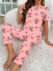 Koala Print Pajama Set Short Sleeve Top & Pants Women's Sleepwear