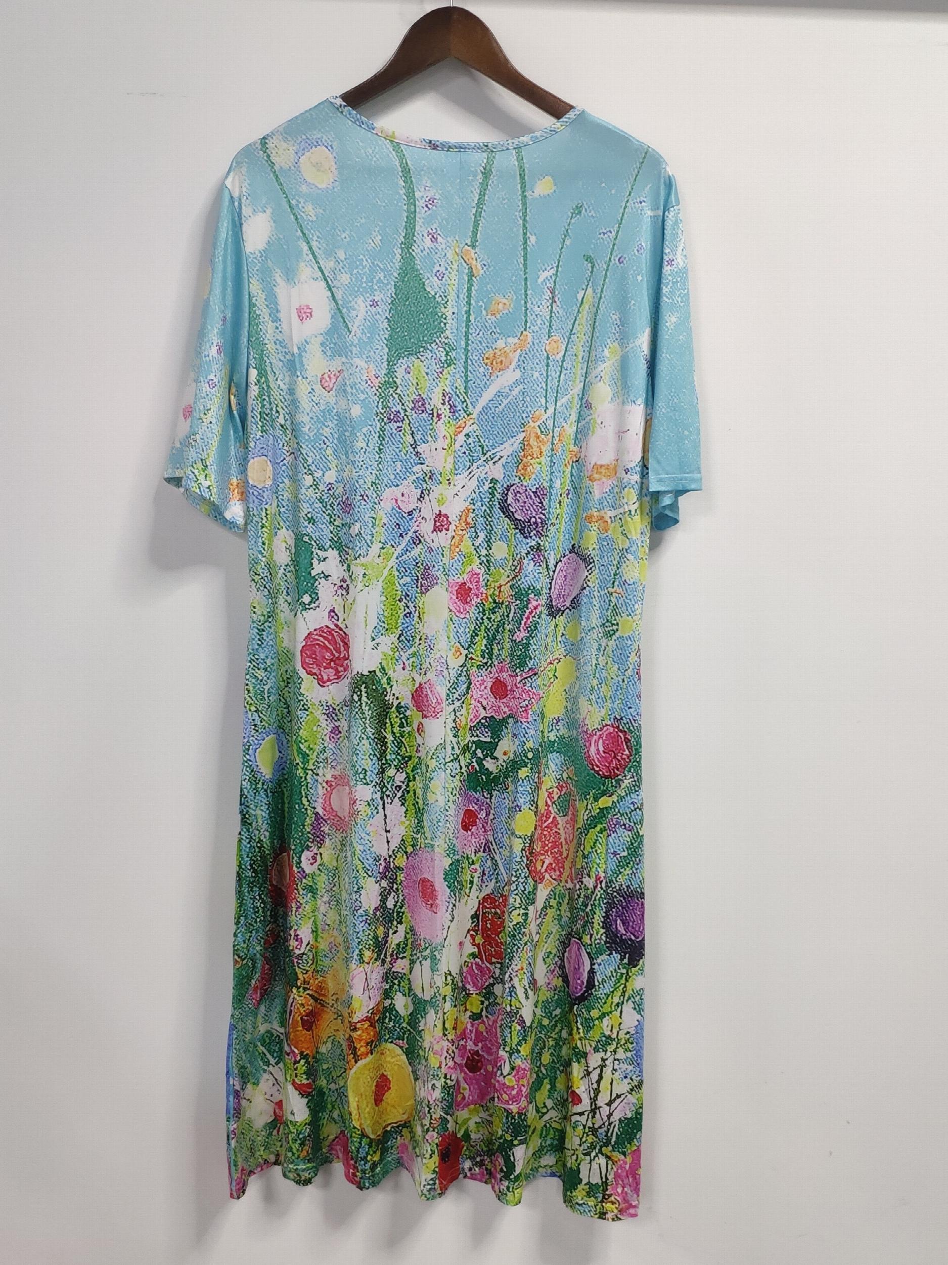 Floral Painting Print Short Sleeve Round Neck Dress With Pockets