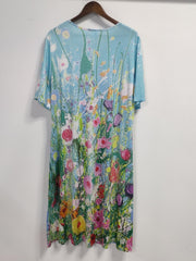 Floral Painting Print Short Sleeve Round Neck Dress With Pockets
