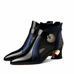 Rhinestone Chunky Heel Mesh Short Boots Pointed Toe Pumps