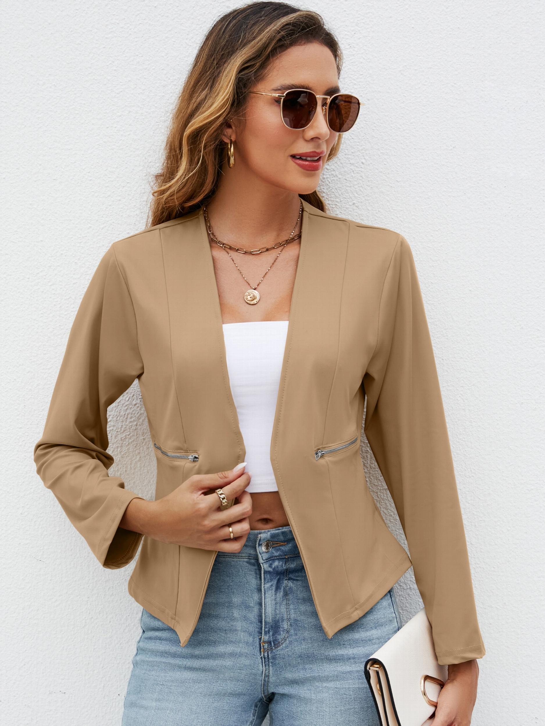 Solid Crop Blazer Open Front Pocket Blazer & Stylish Tops For Work