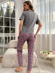 Heart Print Pajama Set Short Sleeve Top & Pants Women's Sleepwear