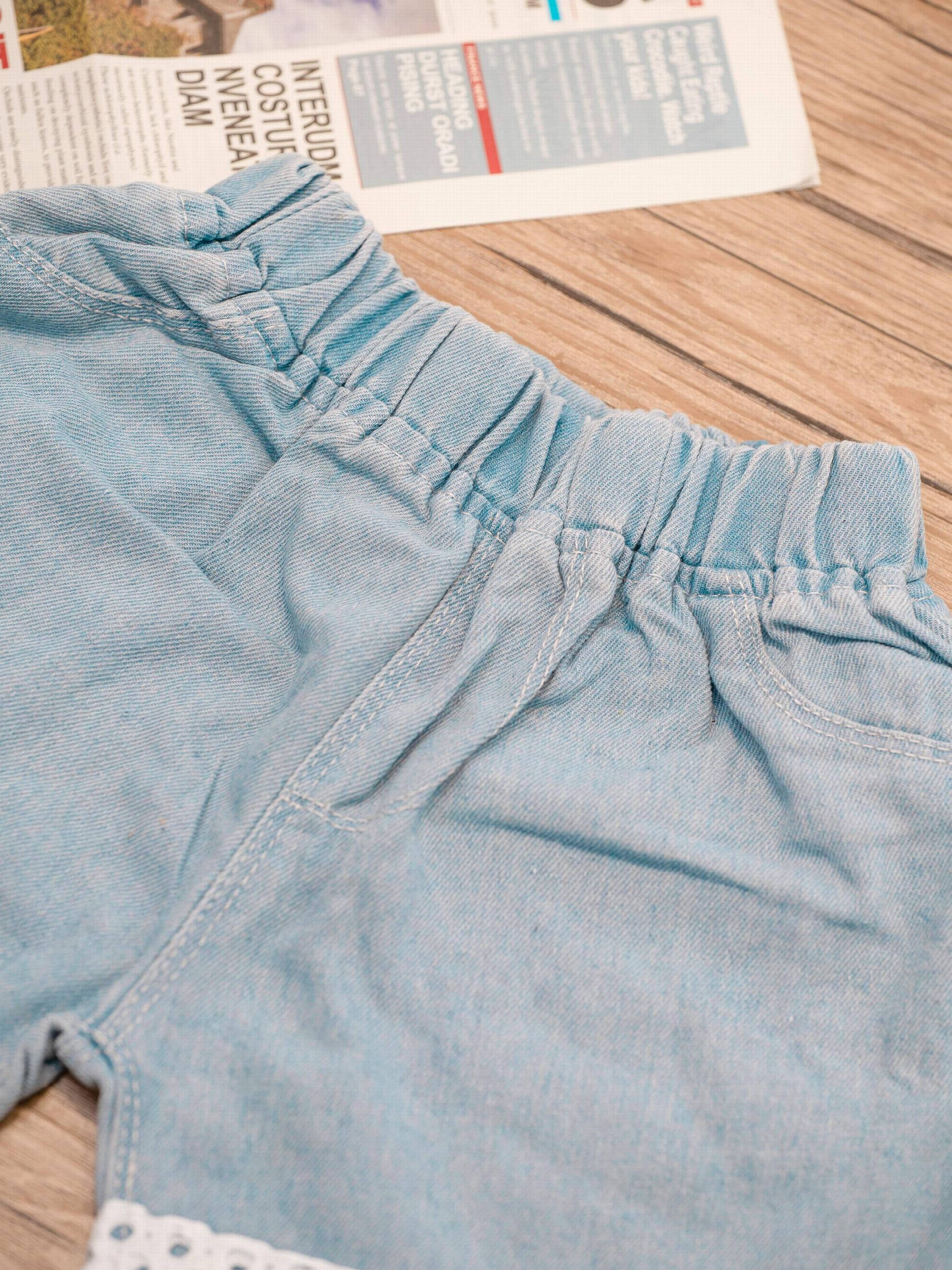 Girls' Denim Shorts With Lace Fringes And Flower Decor