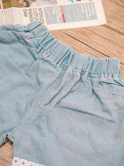 Girls' Denim Shorts With Lace Fringes And Flower Decor