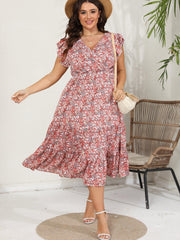 Ditsy Print Ruffle Sleeve V Neck Midi Dress