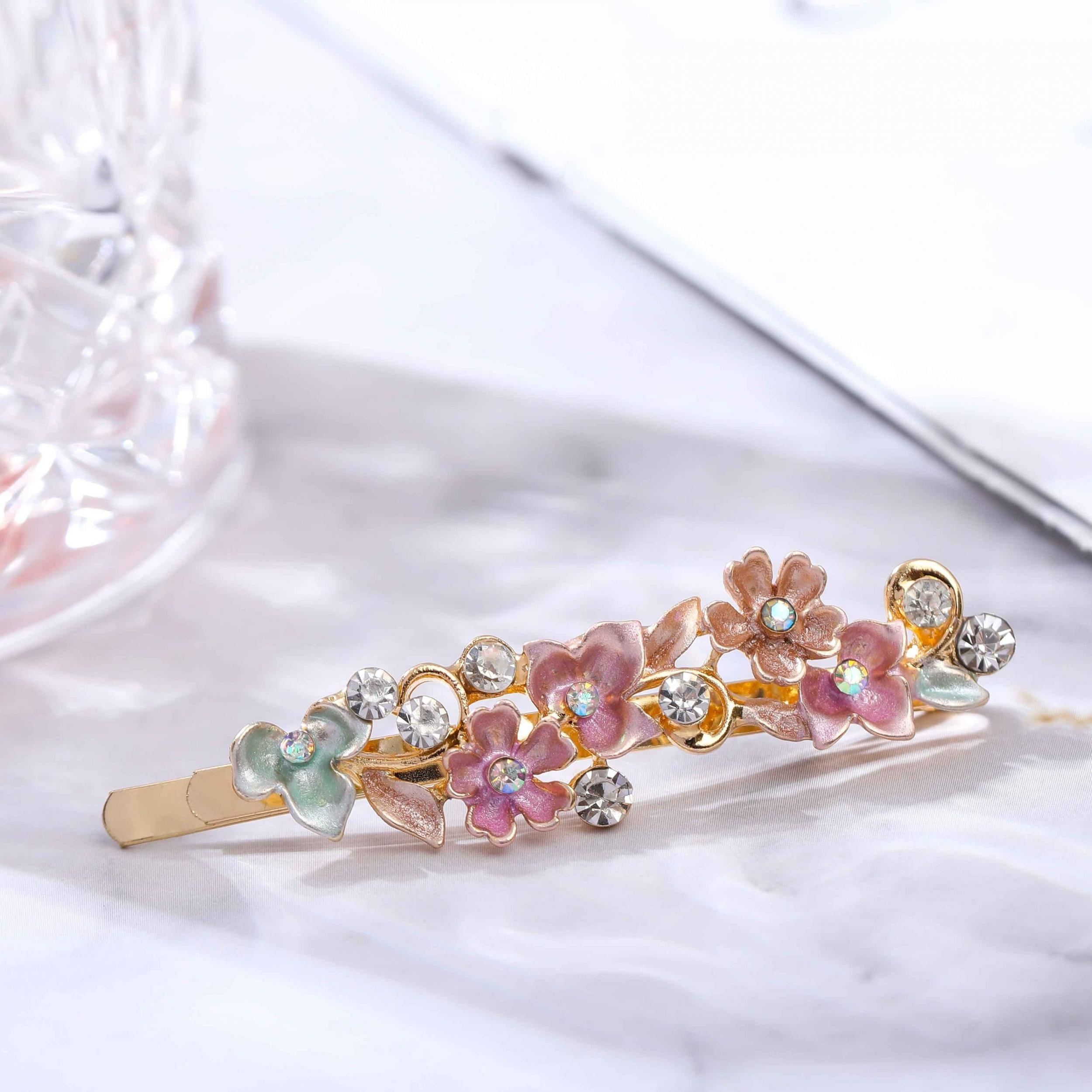 Alloy Flower Edge Clip Retro Style Plant Bangs Clip Rhinestone Clips