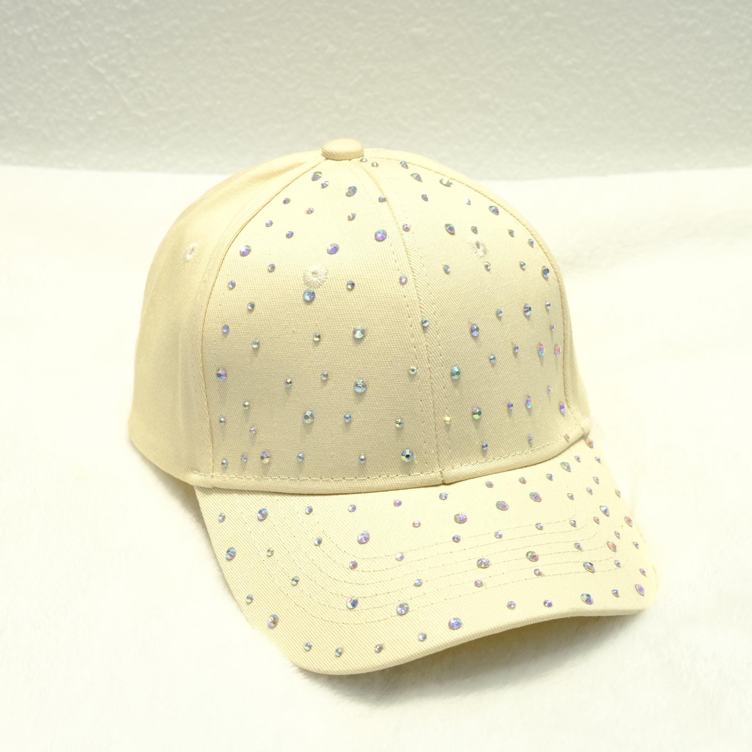 Beige Rhinestone Baseball Cap Cotton Sunscreen Dad Hat for Women