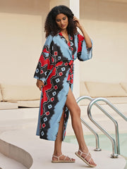 Geometric Print Colorblock Plus Size Cover Up with Belt