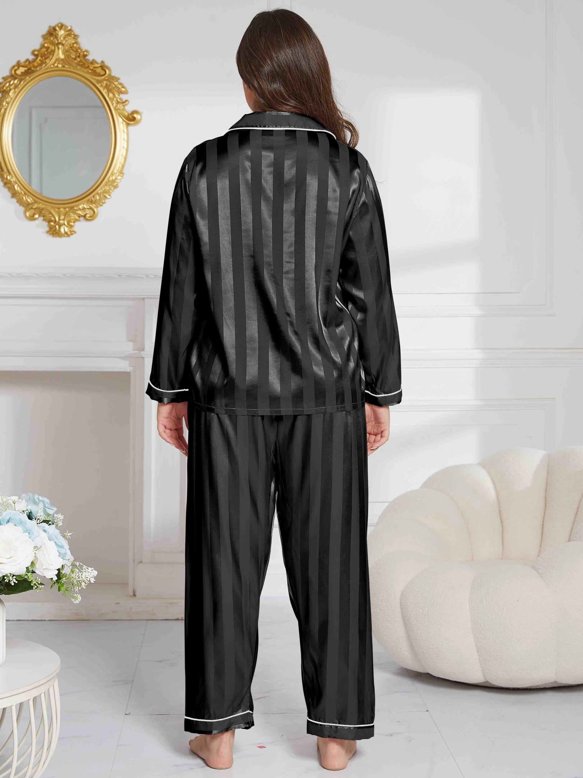 Striped Satin Shirt & Pants Pajamas 2 Piece Set