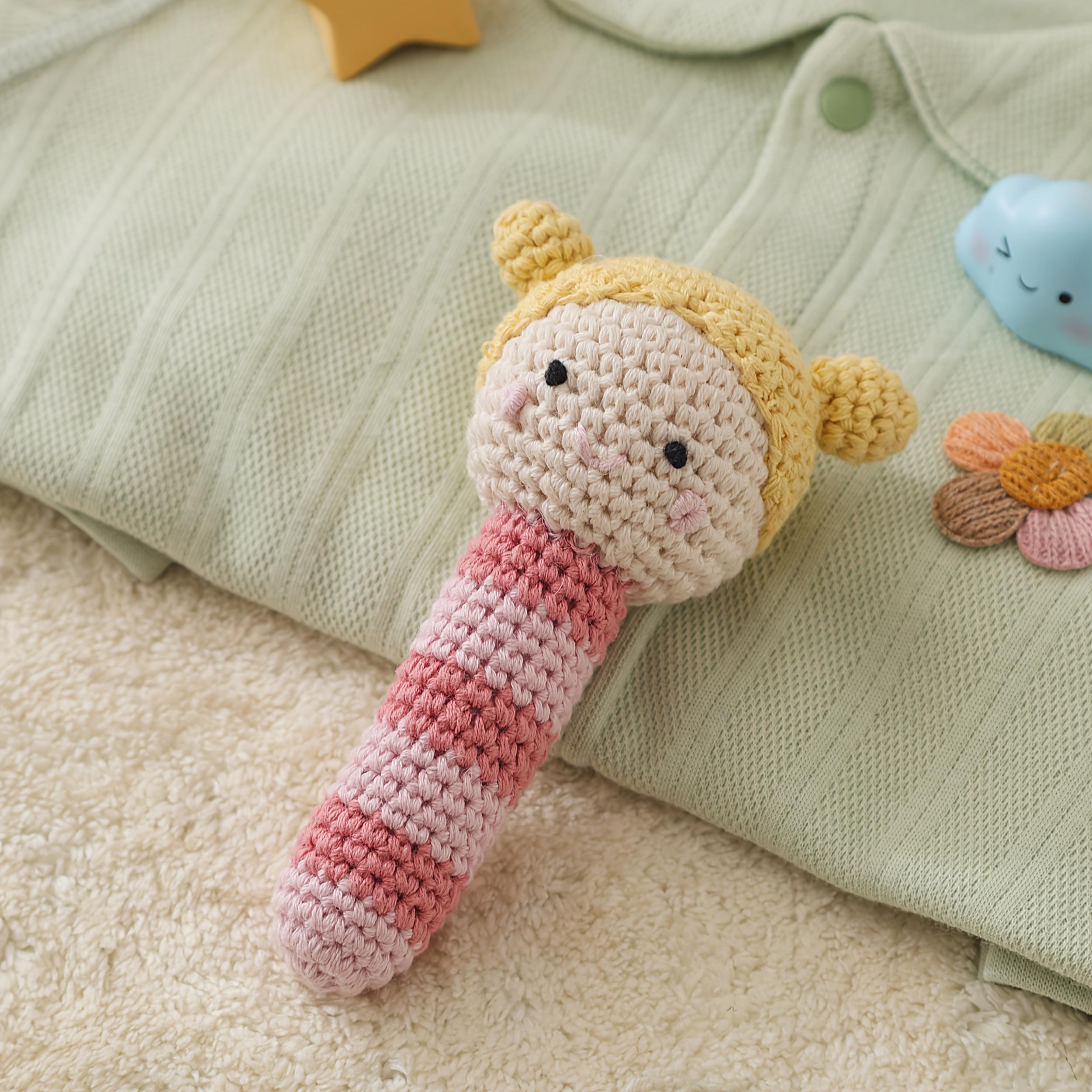 Crochet Rattle Toy Soft Nylon Blend Animal Yellow Pink Stripes