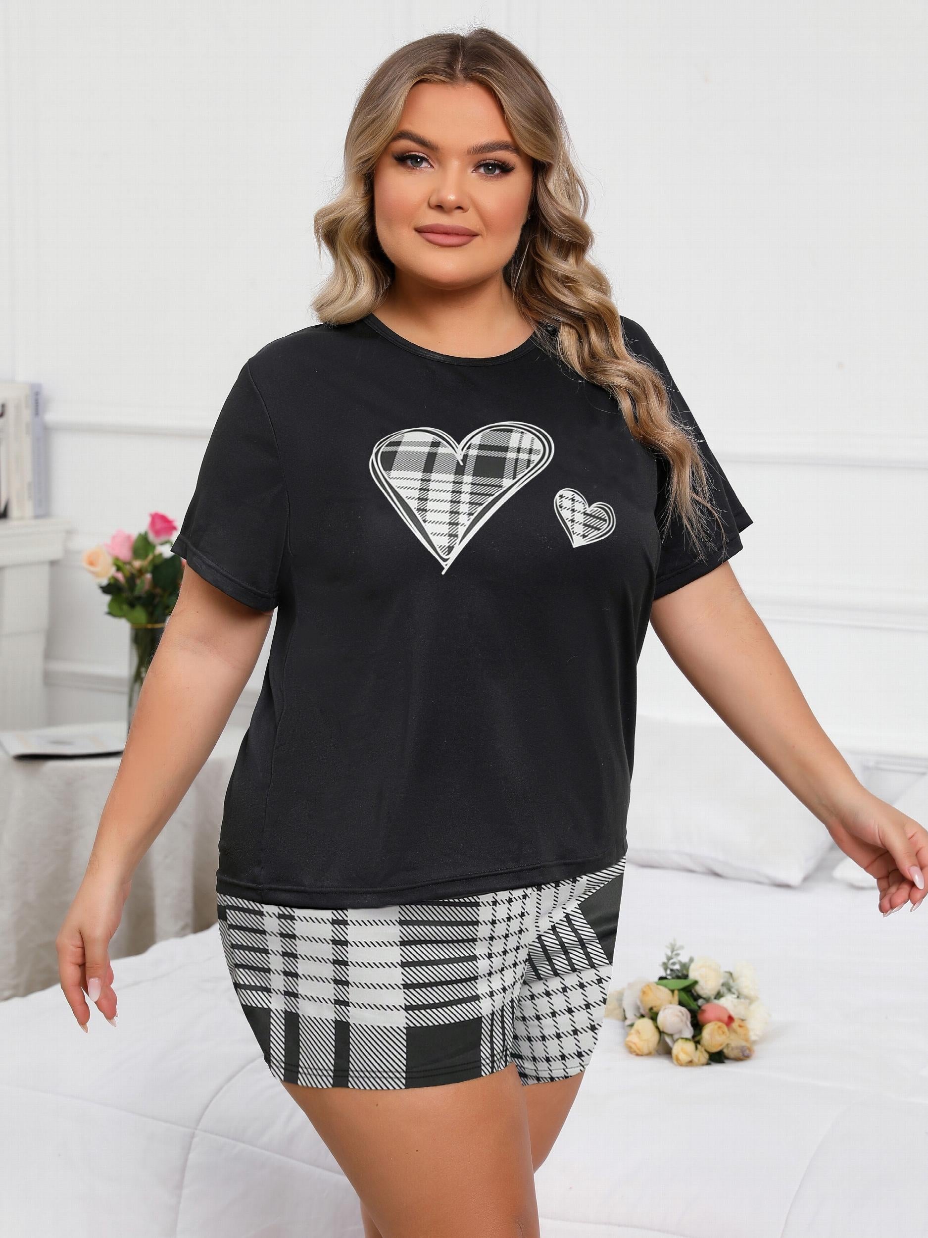 Plaid Heart Print Tee & Shorts Lounge Set