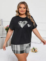 Plaid Heart Print Tee & Shorts Lounge Set