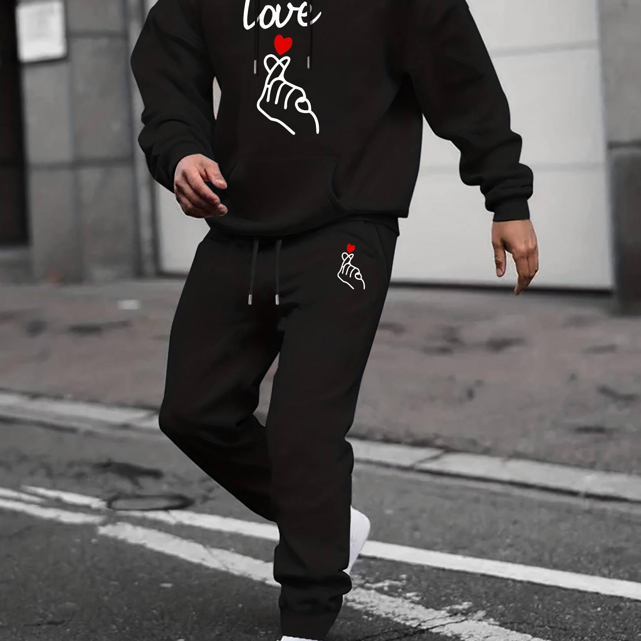 Love Hearts Print Men's 2Pcs Outfits Crew Neck Long Sleeve T Shirt Hooded Sweats