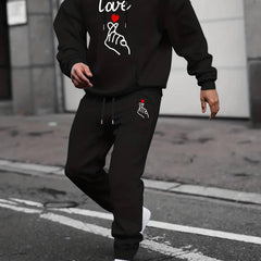 Love Hearts Print Men's 2Pcs Outfits Crew Neck Long Sleeve T Shirt Hooded Sweats