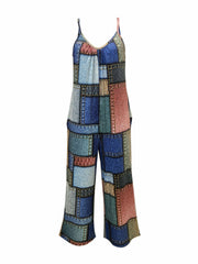 Denim Print Wide Leg Jumpsuit Casual Sleeveless Jumpsuit