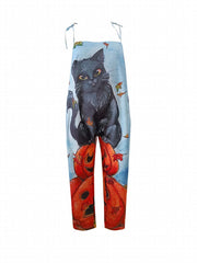 Halloween Jumpsuit Women's Plus Pumpkin & Cat Print Tie Shoulder Cami