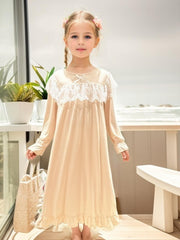 Girls Lace Up Neck Ruffle Pajamas Robe Kids Nightdress