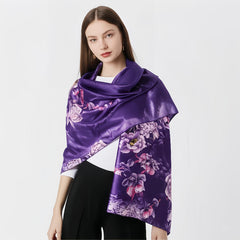 Purple Floral Silk Scarf 180x70cm Lightweight Hand Washable for Suits