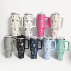1200ml Stainless Steel Water Bottle Creative Pattern Large Capacity with Straw