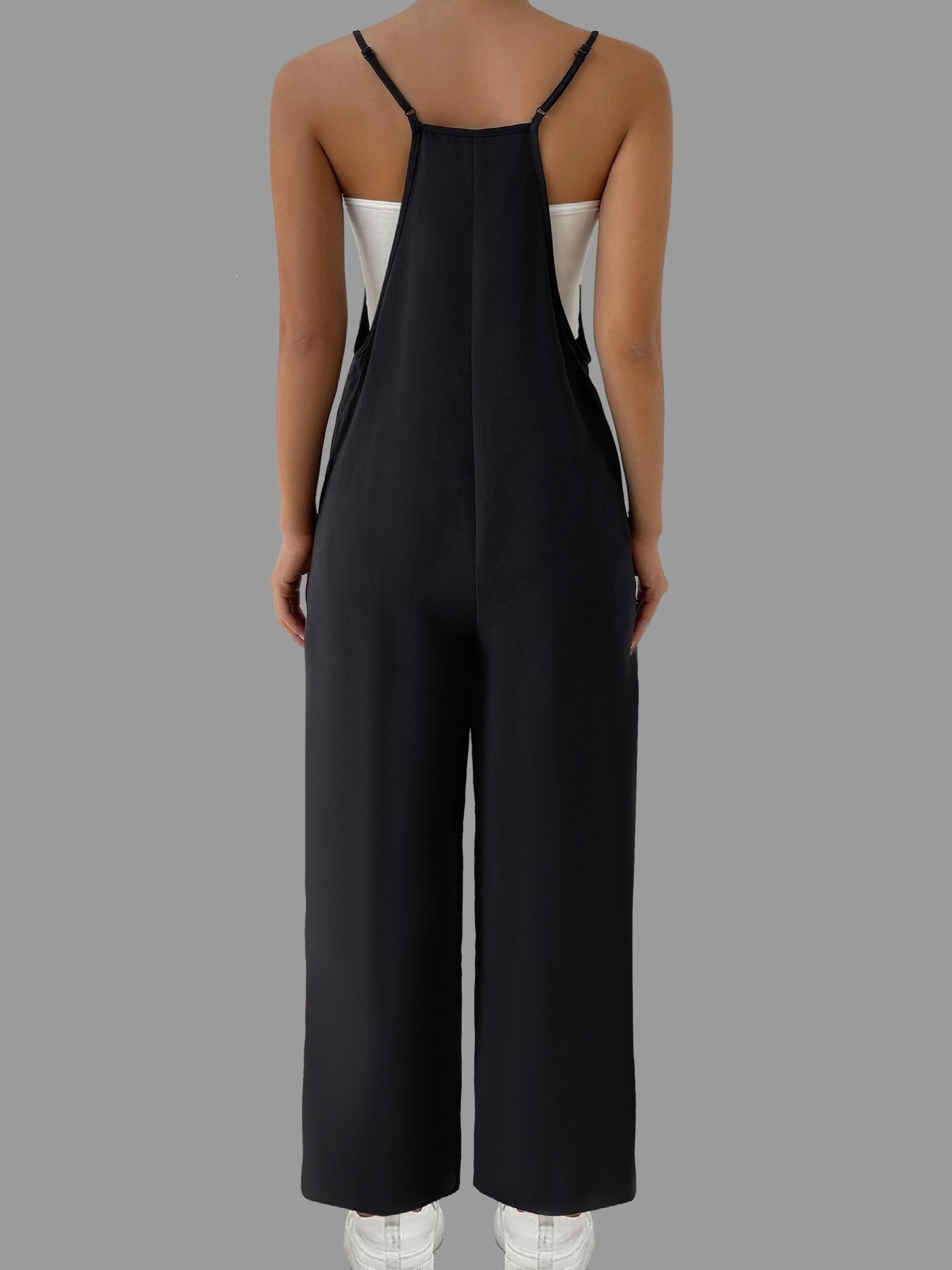 Solid Suspender Jumpsuit Casual V Neck Wide Leg Jumpsuit With Pockets