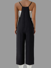 Solid Suspender Jumpsuit Casual V Neck Wide Leg Jumpsuit With Pockets