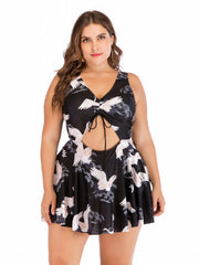Crane Print Cut Out One Piece Swimsuit