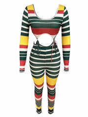 Striped Print Tie Set Scoop Neck Crop Top & Slim Pants Outfit