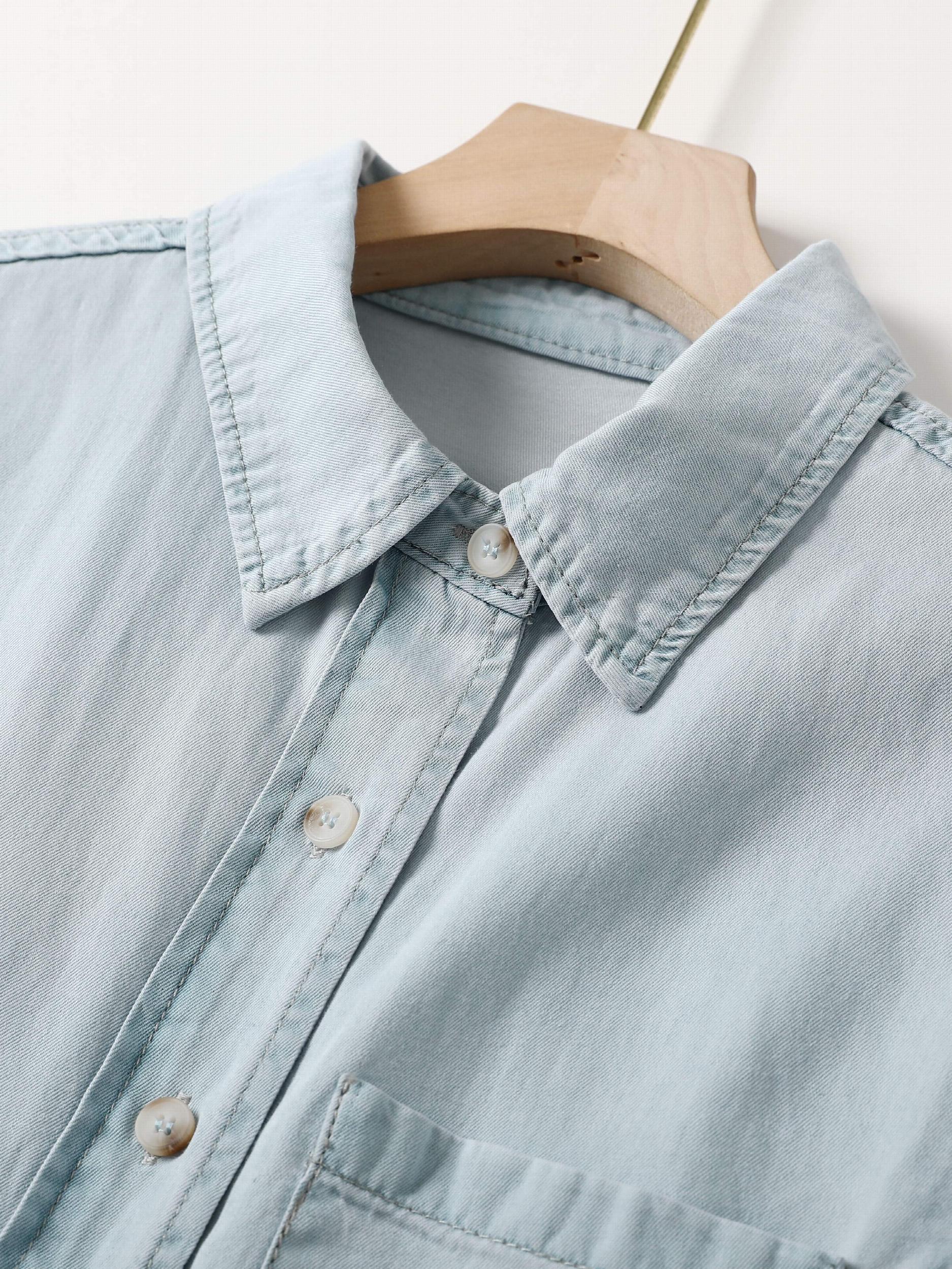 Casual Loose Fit Collared Denim Shirt Single Pocket Long Sleeved Denim Shirt
