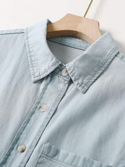 Casual Loose Fit Collared Denim Shirt Single Pocket Long Sleeved Denim Shirt