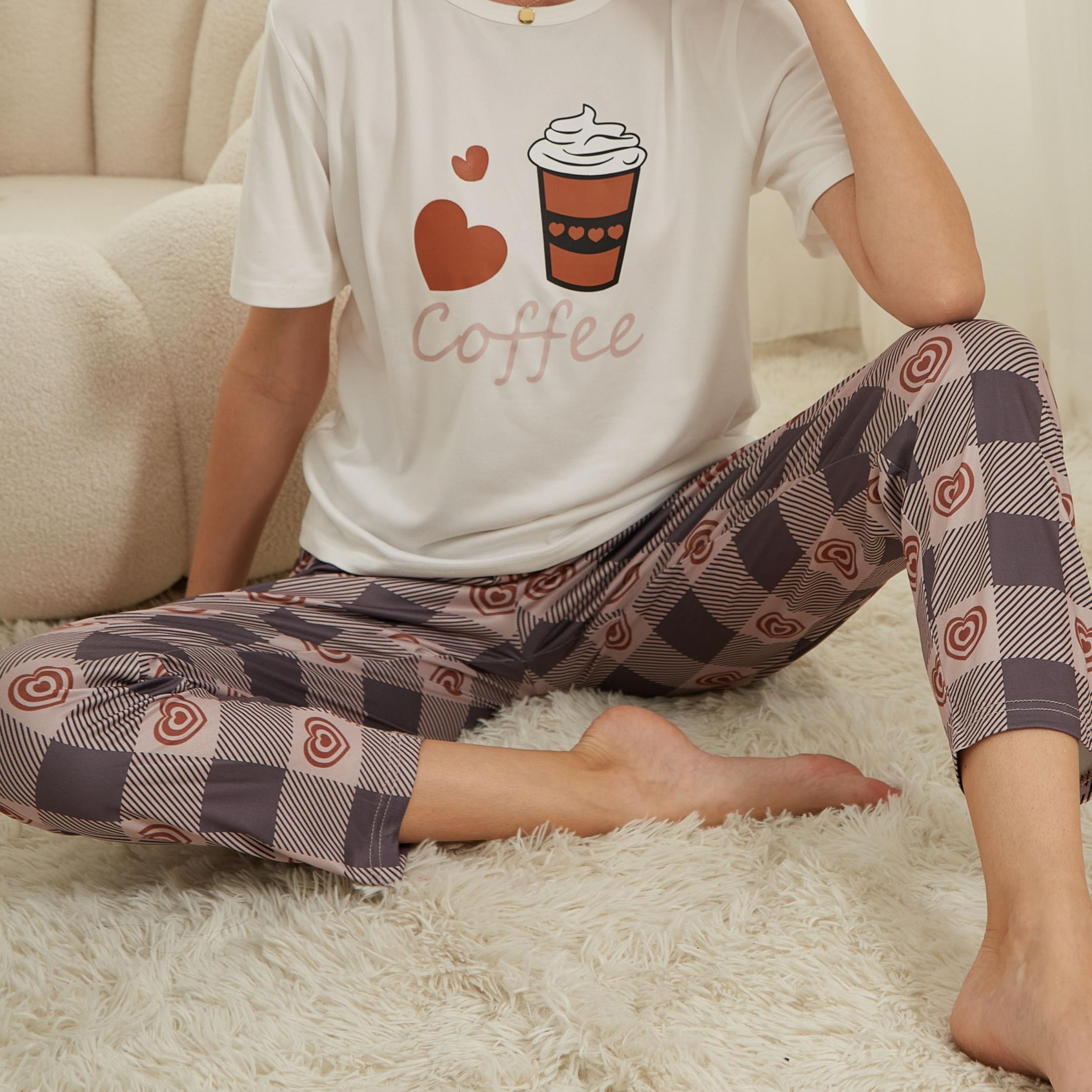 Heart Print Pajama Set Top & Plaid Pants Sleepwear Loungewear