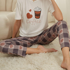 Heart Print Pajama Set Top & Plaid Pants Sleepwear Loungewear