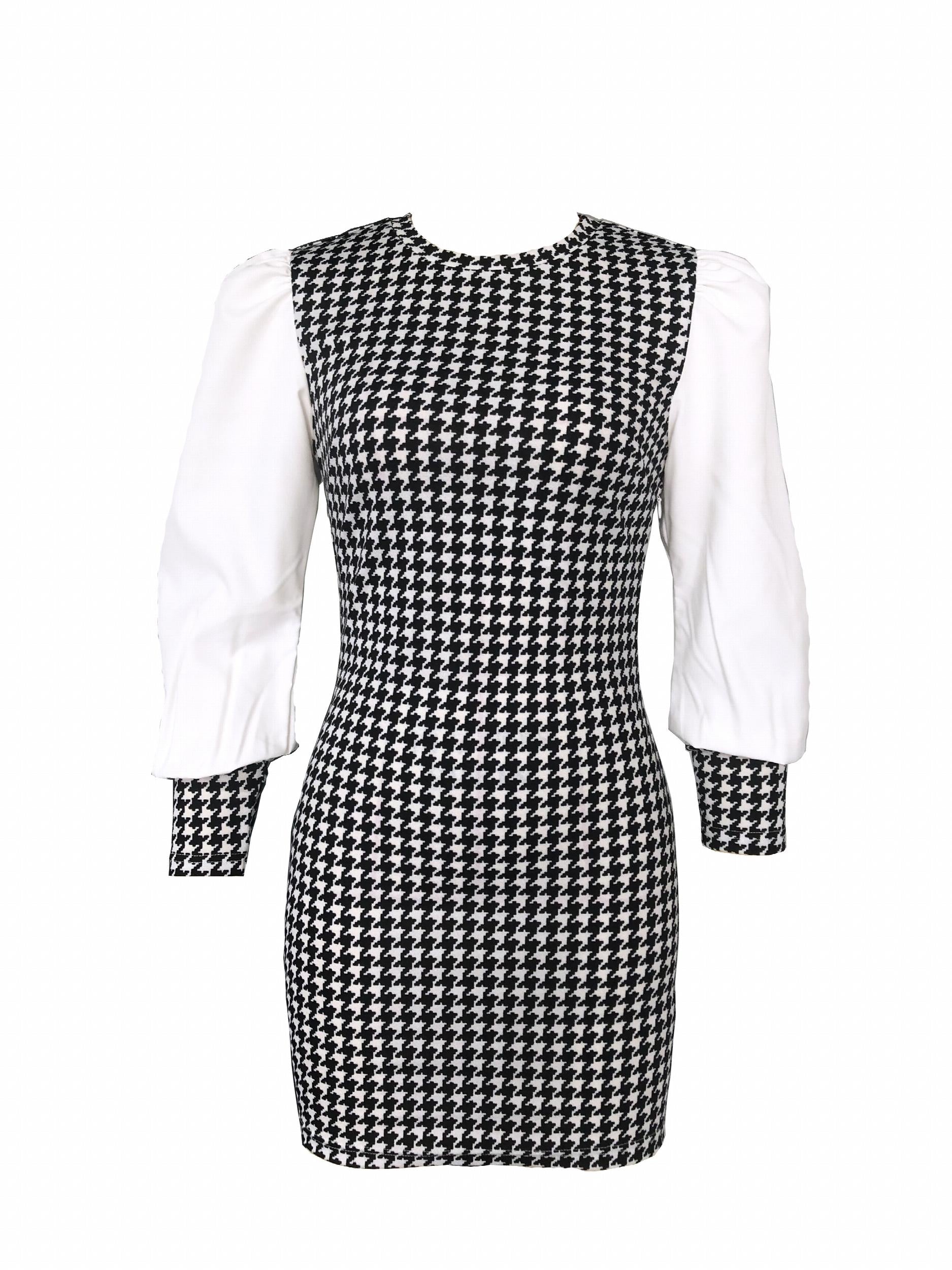 Houndstooth Print Bodycon Long Sleeve Dress