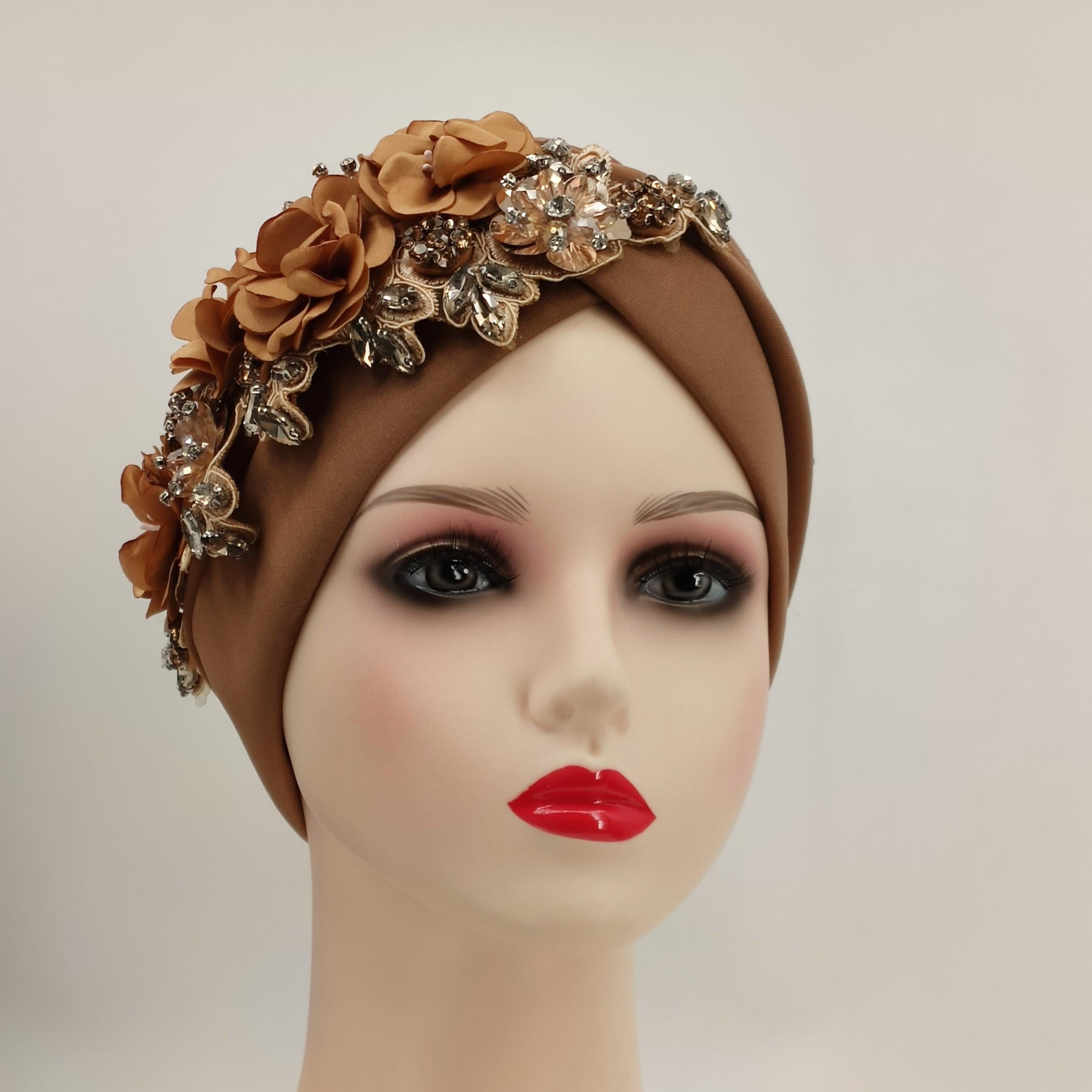 Rhinestone Flower Turban Cap Elastic Head Wrap Floral Chemo Cap