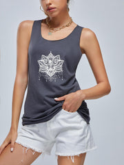 Lotus Graphic Sports Tank Top Crew Neck Sleeveless Shirts Women's Summer Tops