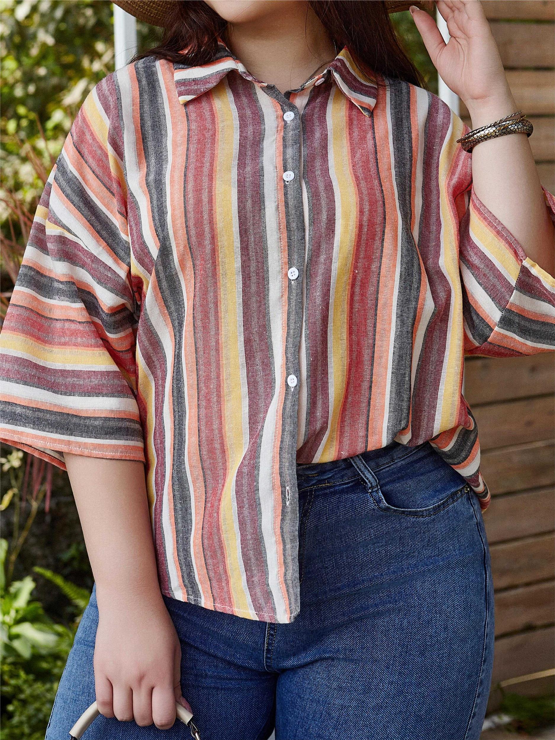 Stripe Print Bat Sleeve Blouse