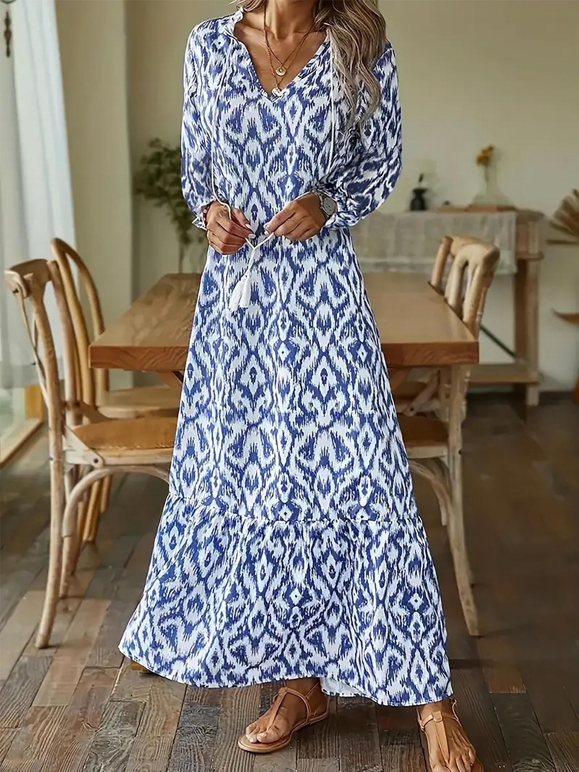 Boho Maxi Dress V Neck Ruffle Trim Pleated