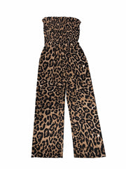 Leopard Print Shirred Tube Jumpsuit Backless Casual Jumpsuit