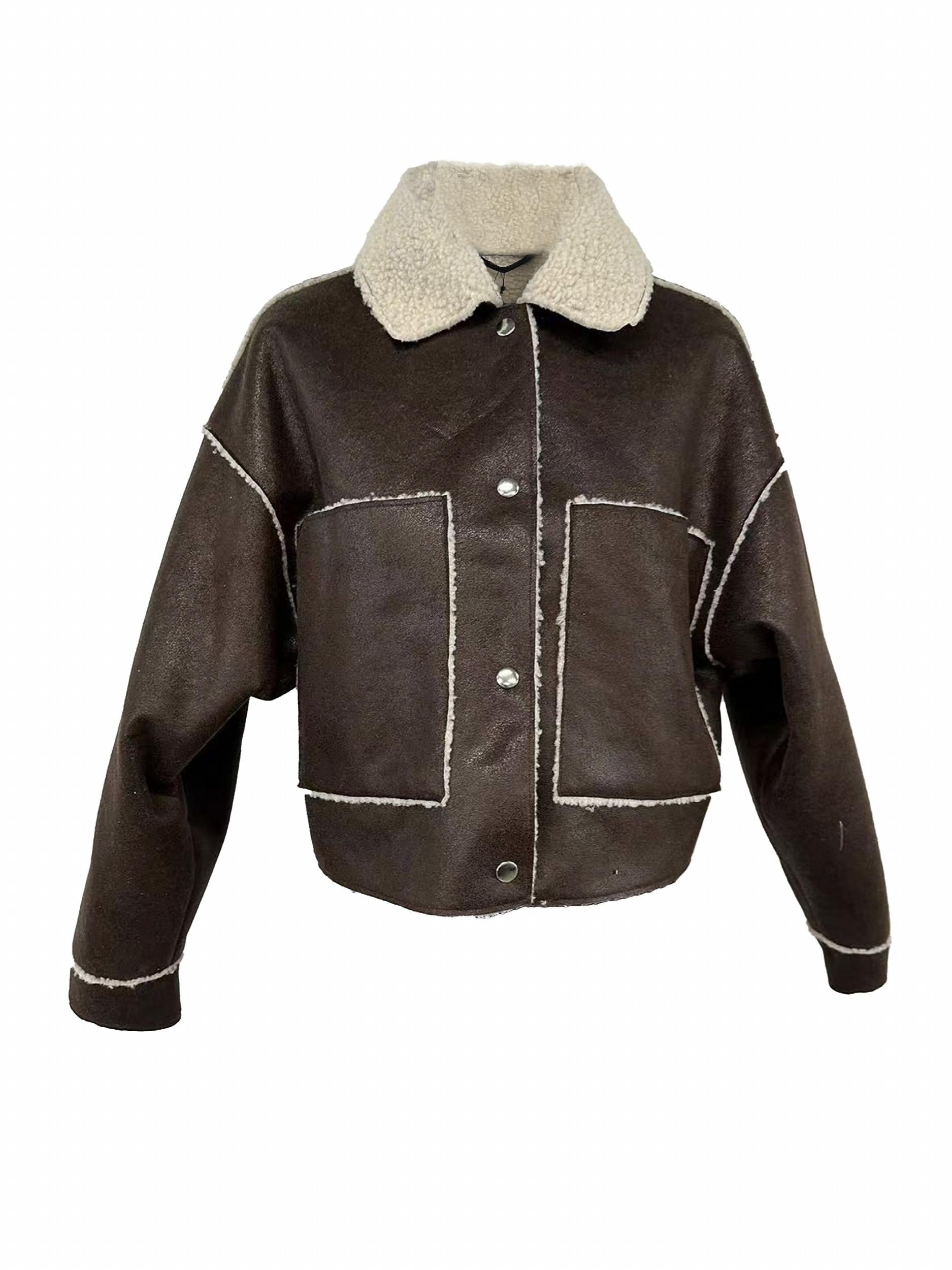 Faux Leather Aviator Jacket Long Sleeve Women's Clothing