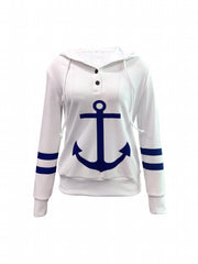 Anchor Print Button Hoodie Long Sleeve Sweatshirt