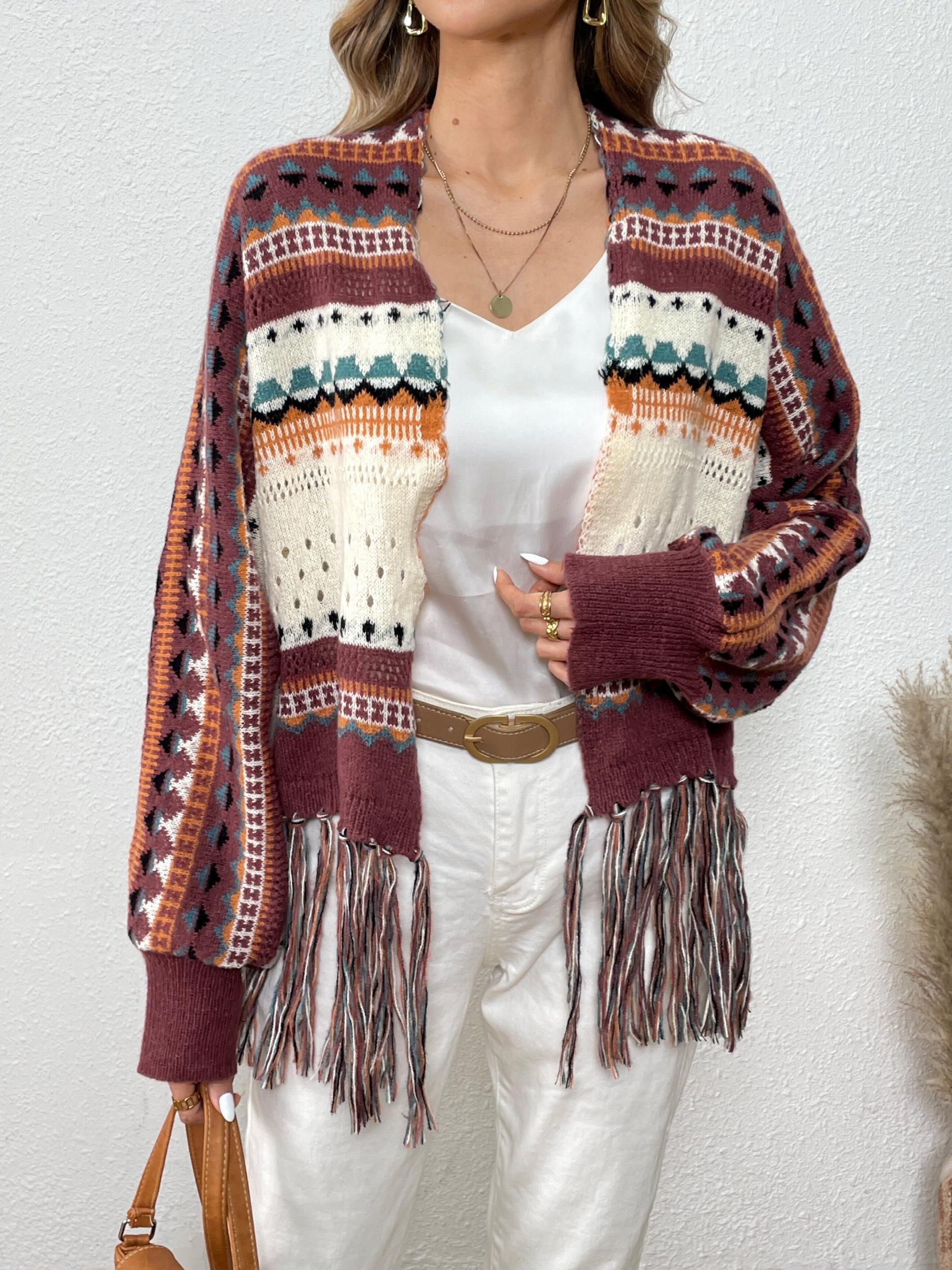 Ethnic Pattern Tassel Cardigan Vintage Open Front Cardigan