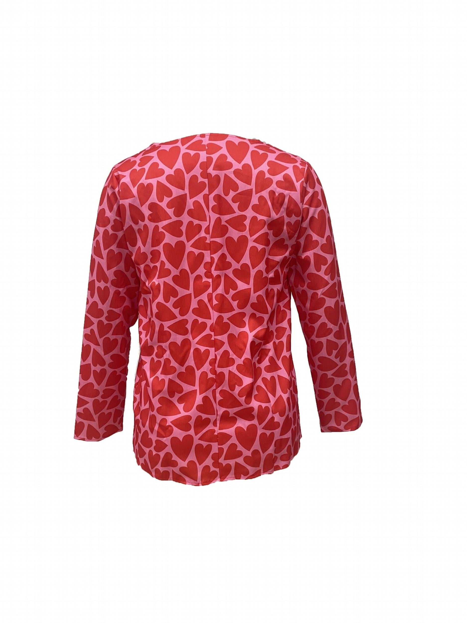 Women's Heart Print Button Up Blouse