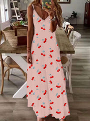 Casual Dress Women's Plus Cherry Print V Neck Maxi Cami Dress