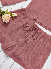 Waffle Pattern Long Sleeve Top & Shorts 2 Piece Set