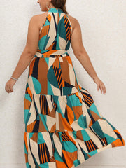 Colorblock Geometric Print Halter Maxi Dress With Belt