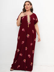 Floral Print Lace Panel Sleeve V Neck Maxi Kaftan Dress